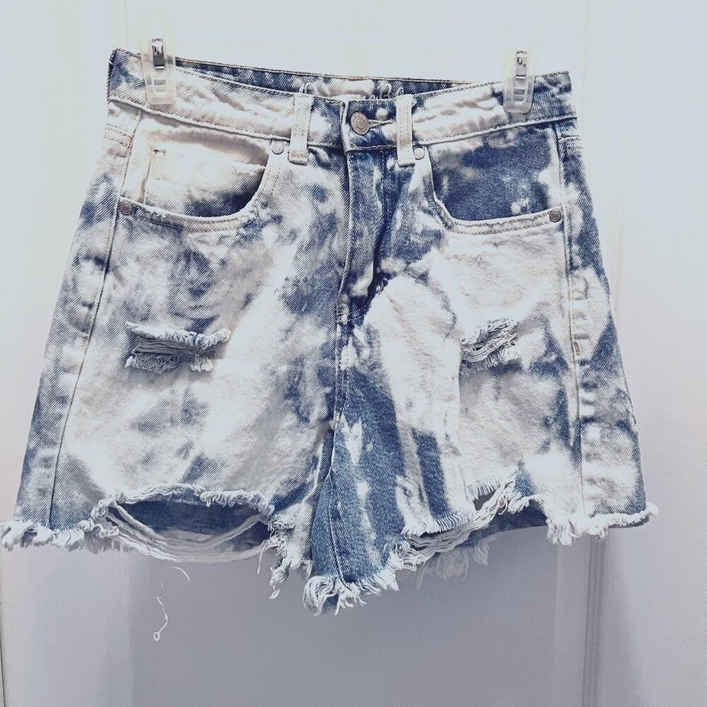 Organic Blue-Tie Dye-Distressed Jean/Denim Shorts-100% Cotton-Size 5/27-Bl/White